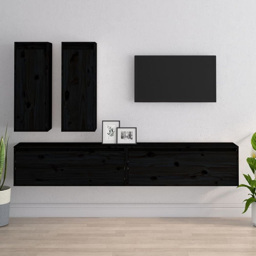 Vidaxl TV skrinky, 4 ks, čierne, masívne borovicové drevo